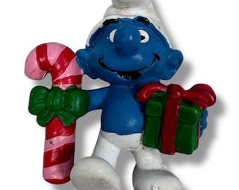 Vintage Peyo Schleich Smurfs Christmas Candy Cane Gift PVC Figures 1980s Toy
