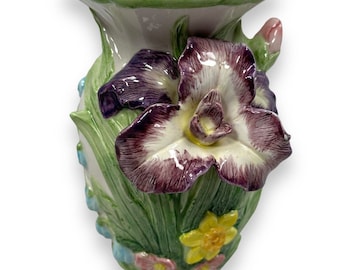 Vintage Fitz and Floyd Omnibus Iris Floral Ceramic Majolica 8” Vase 1994