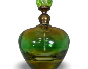 Vintage Hand Blown Green Amber Art Glass Perfume Bottle with Stopper Wand 4.5"