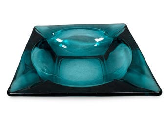 Vintage MCM Turquoise Blue Square Glass Ashtray Mid-Century Modern Art