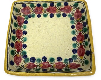 Vintage Mexican Hand Painted Pomegranate Ceramic Square Dish Yellow Red Blue