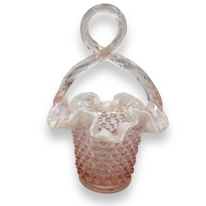 Vintage Fenton Glass Basket Light Pink Opalescent Ruffled Hobnail Twisted Handle