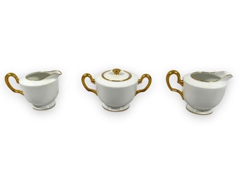 Vintage Okura Art China Creamer Sugar Milk Pitcher Set 3 White Gold Trim Japan