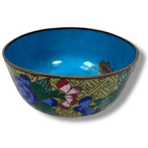 Vintage Cloisonné Copper & Enamel Floral Bowl 4.5&quot; Chinese Decorative Decor