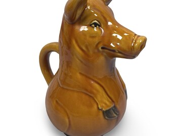Vintage Belo Portugal Majolica Ceramic Pig Pitcher Figural Jug Amber Glaze