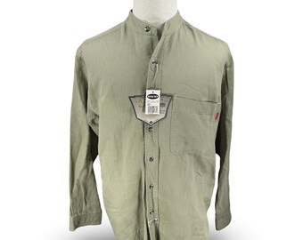 Vintage Bugle Boy Mandarin Collar Button Shirt Small Khaki Green Long Sleeve New