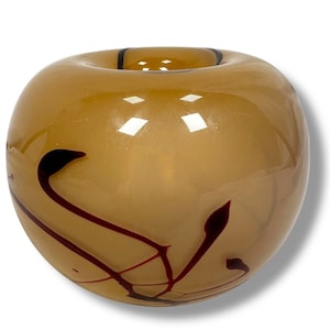 Vintage Hand Blown Glass Bowl Vase 3.5&quot; Swirl Design Brown Art Glass J Mariott
