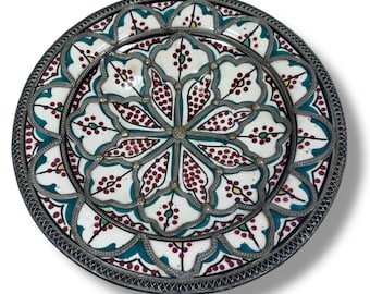 Vintage Moroccan Hand-Painted Shallow Bowl Nickel Detailing Handmade Wall Decor