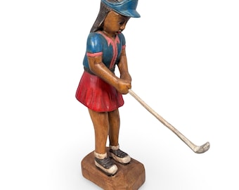 Vintage Hand Carved Female Golfer Carving 20" Wood Statue Golf Decor Unsigned