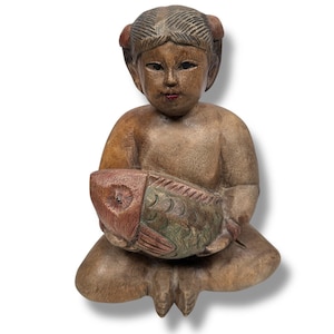 Vintage Hand Carved Wooden Sculpture of Asian Girl Holding Fish Wood Carving