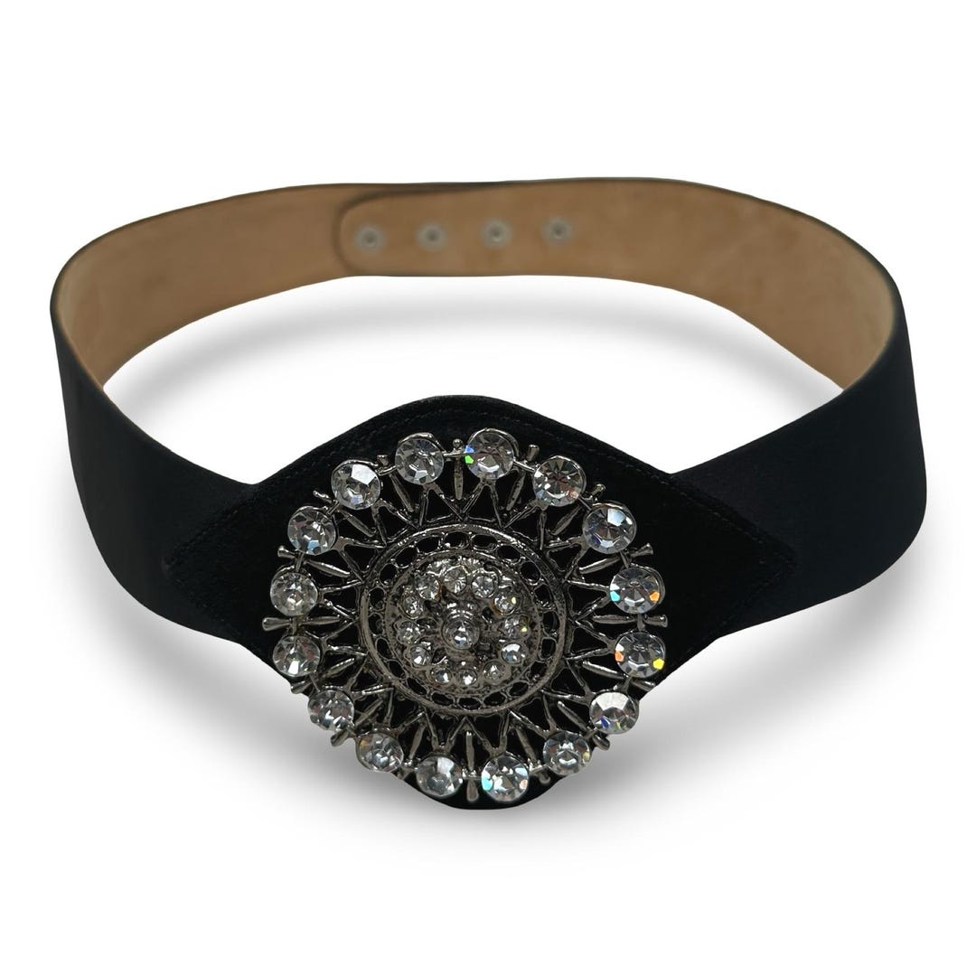 Cache Belts Vintage Cache Womens Belt Black Strap Rhinestone Medallion Silver Tone ...
