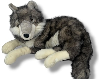 Vintage Cascade Plush Realistic Husky Dog Stuffed Laying Seated Two-Tone Rare