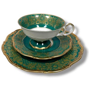 Vintage Weimar Porzellan Dora Green Cake Plate Tea Cup & Saucer Porcelain Gold
