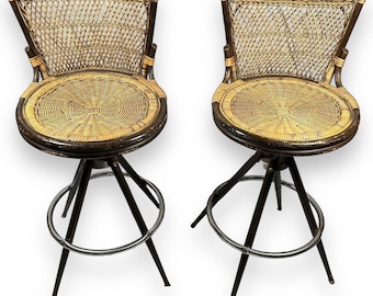 MCM Wicker Rattan Swivel Bar Stool Set 2 Vintage Chairs Mid Century Modern 70s LOCAL PICKUP Only