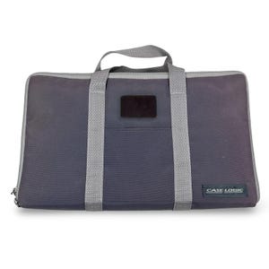May include: A rectangular, gray fabric carrying case with a top handle and two vertical straps. The case has a small, dark brown patch and the words "CASE LOGIC" printed on the lower right corner. The zipper is visible along the bottom edge.