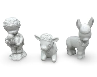 Hallmark White Mary Hamilton Nativity 3 Figurines Shepherd Donkey Cow 1980 Japan
