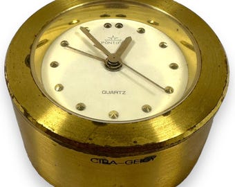Vintage Portifa Ciba-Geigy Porthole Style Alarm Clock Swiss Brass Paperweight