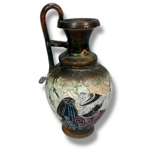Vintage Greek Amphora Handheld Jug Vase 8&quot; Ceramic Pottery Painted Vessel