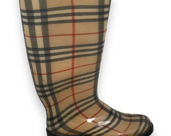 Burberry Vintage Check Rain Rubber Boots Women's EU 41 US 11 Brown Pull On READ