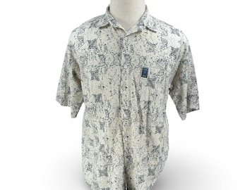 Vintage Bugle Boy Direction Hawaiian Shirt Mens Gray Off-White Cotton Medium