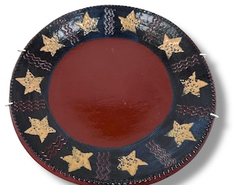 Eldreth Pottery Redware Plate 10.5" Brown Blue Stars & Geometric Signed 1999