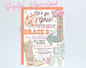 Disco Cowgirl Birthday Invite for Groovy Western Party Invite Design for Bachelorette Party Digital Download Invite Let&#39;s Go Girls Invite