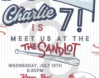 May include: Baseball-themed invitation with the text "Charlie 7!" and "Meet us at the Sandlot." The design includes baseballs, a baseball bat, and a baseball cap. The invitation also includes the date, time, and location of the event.
