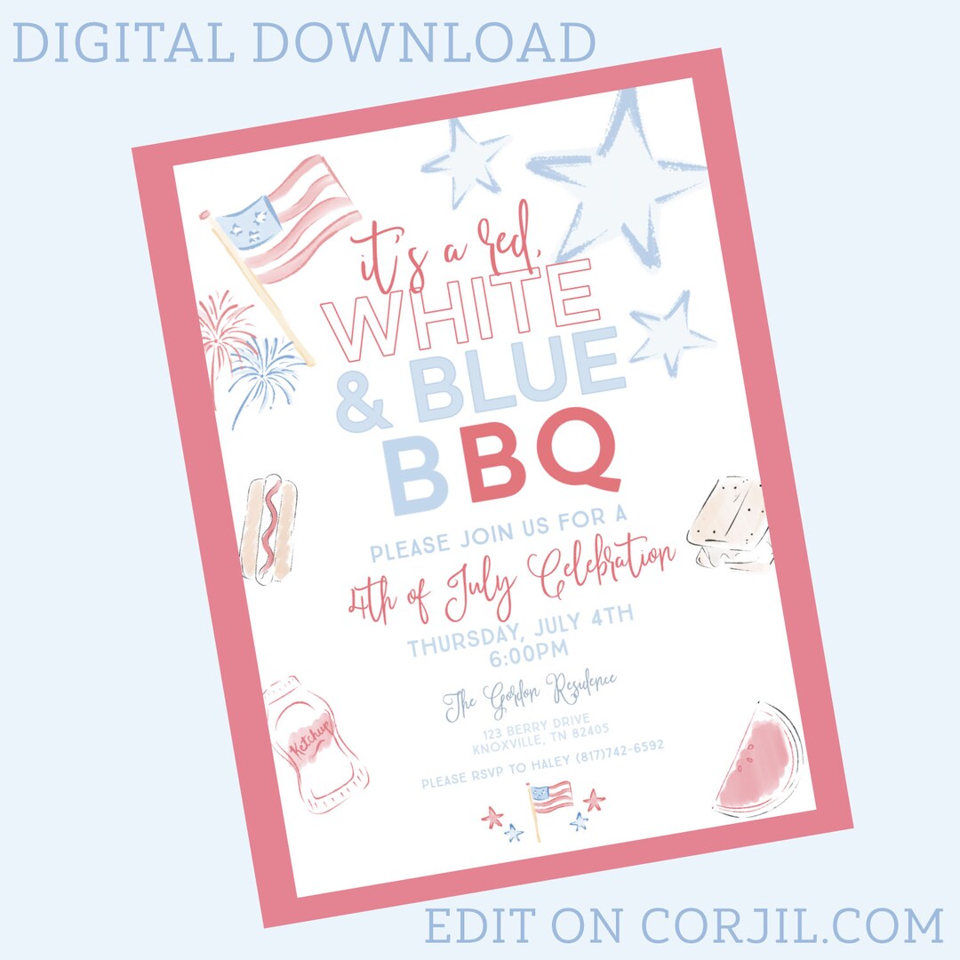 Digital Download 4th of July Red White and Blue BBQ Invitation ...