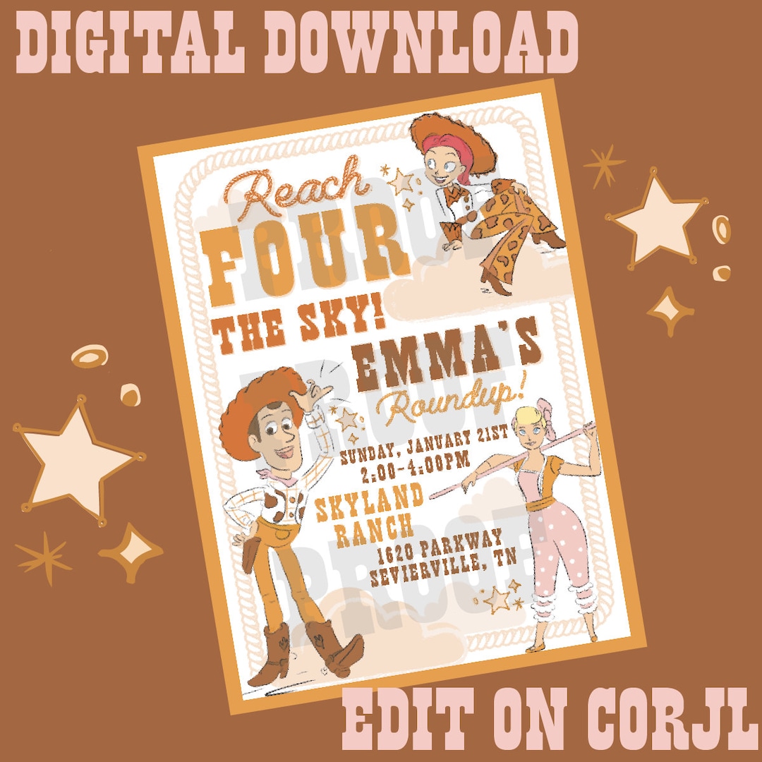 Reach FOUR the Sky Birthday Invitation Digital Download Roundup ...