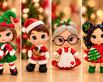 May include: Four small figurines featuring holiday themes: an elf in green, a child in a Santa suit with a reindeer, a figure with glasses and a white apron, and a child with black hair holding a small Christmas tree, all with large eyes.