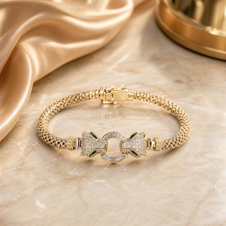 Panther Head Bracelet, Pavé CZ Bracelet, 14K Gold Plated Sterling Silver image 1