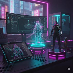 May include: A dark workspace featuring a curved computer monitor displaying code, a tablet showing a wireframe character sketch, and a physical action figure of a warrior standing on a glowing hexagonal base next to a holographic projection.