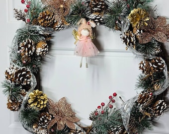 Artificial Christmas 22In Wreaths Front Door  One of a kind Holiday Winter Wreaths with lights. Gold, Silver, Red, Blue, Angel, Glitter