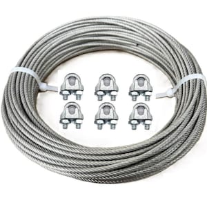 May include: A roll of silver-colored steel cable with six silver-colored cable clamps.