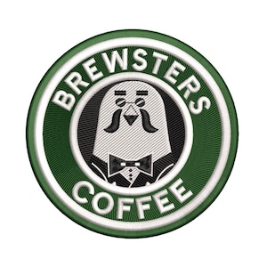 May include: A green and white circular patch with the text "Brewsters Coffee" in white lettering around the edge. A cartoon penguin wearing a bow tie and glasses is in the center.