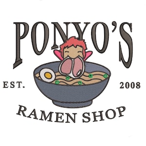 May include: A logo for a ramen shop called "Ponyo's" featuring a cartoon character with red hair eating ramen noodles. The logo also includes the text "Est. 2008" and "Ramen Shop".