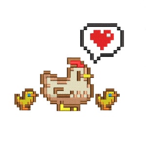 Puede incluir: Imagen pixelada de una gallina con dos pollitos. La gallina es marrón y beige con una cresta roja y un pico amarillo. Los pollitos son amarillos y naranjas. Un bocadillo sobre la gallina contiene un corazón rojo.