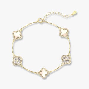 Sofia White Diamond Pearl Clover Bracelet | 925 Sterling Silver Flower Motif Jewelry