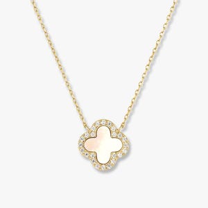Bonaire Perlen Weiß Diamant Klee Halskette | 925er Sterling Silber Blumen Motiv Schmuck