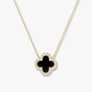 Bonaire Schwarzer Achat Diamant Klee Halskette | 925er Sterling Silber Blumen Motiv Schmuck