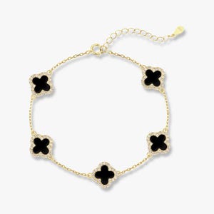 Bonaire Black Agate Clover Bracelet | 925 Sterling Silver Flower Motif Jewelry