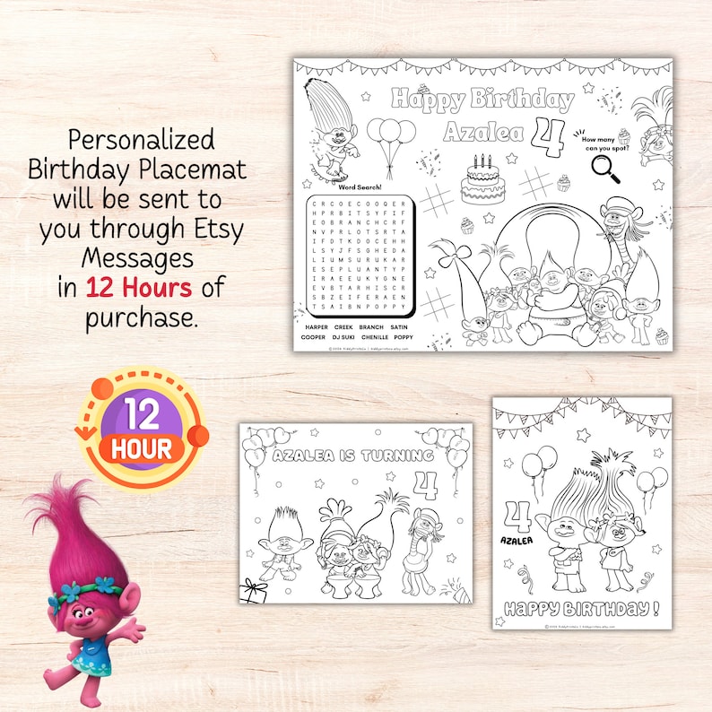 Trolls Birthday Coloring Sheet, Trolls Coloring Page Activity Sheet, Printable Trolls Birthday Party, Trolls Coloring Page image 6
