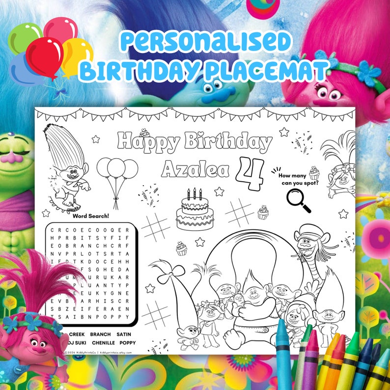 Trolls Birthday Coloring Sheet, Trolls Coloring Page Activity Sheet, Printable Trolls Birthday Party, Trolls Coloring Page image 1