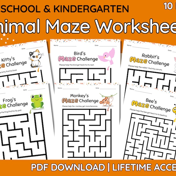 Toodler Maze Animal Printable Maze Worksheets for Kindergarten Maze for Preschool Kids Homeschooling Activity Montessori Maze Toodlers