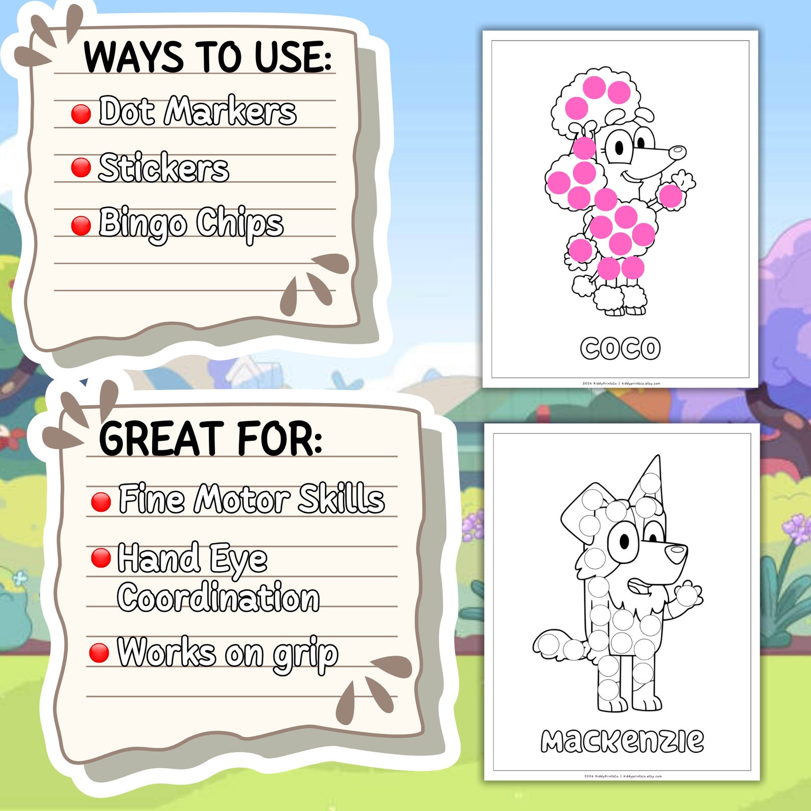 Kids Coloring Page, Dot Marker Coloring Pages, Bluey Dot Marker