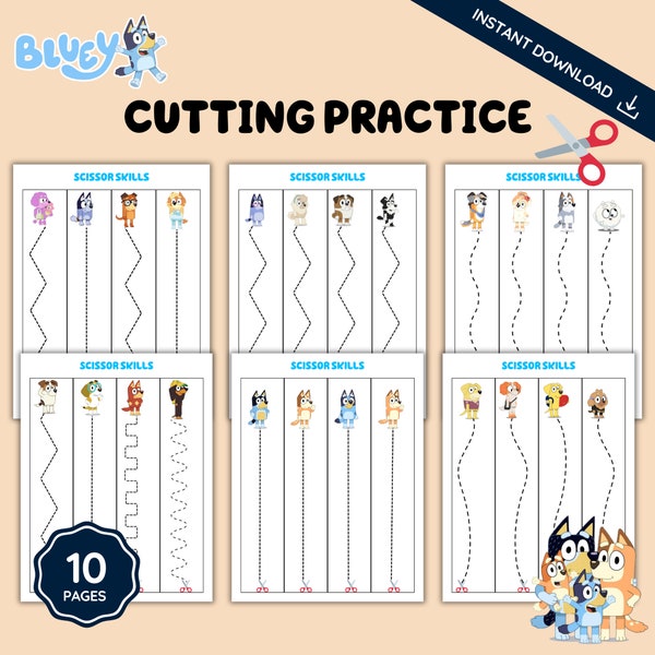 Bluey Cutting Strips for Toddler, Preschool, Kindergarten, Scissor Skills, Cutting Practice, Preschool Worksheets, Scissor Skills Printable