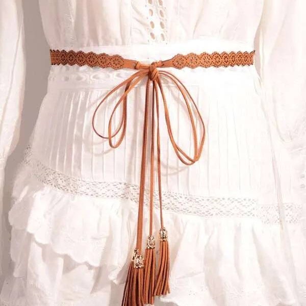 Brown tassel belt, Dainty brown belt, suede belt, brown rope belt, brown bowknot belt, hollow brown belt, plus size rope belt, vintage belt