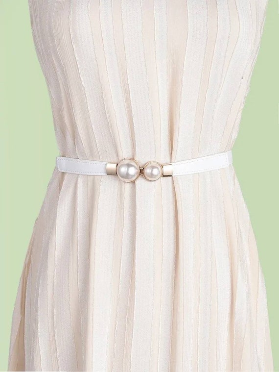 White Elastic Belt Pearl Buckle Skinny White Belt Pearl Etsy