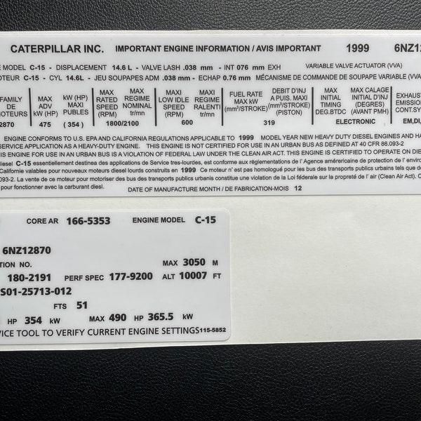 caterpillar C15 14.6L Diesel Engine Valve Cover 1999 tag ID CAT C-15 6NZ  Sticker Decal CUSTOM