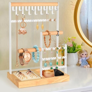 Jewelry Organizer Stand with Ring Tray, 15 Necklace Hooks, Wooden Bracelet & Metal Watch Holder, Earring Display Rack Gift for Women Girls